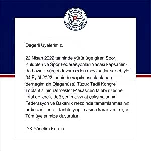 Olağanüstü Tüzük Tadil Kongresi İptal Duyurusu